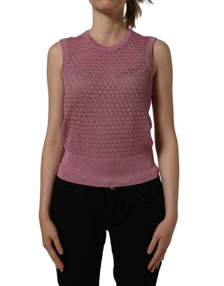 Pink Sheer Mesh Crew Neck Sleeveless Tank Top