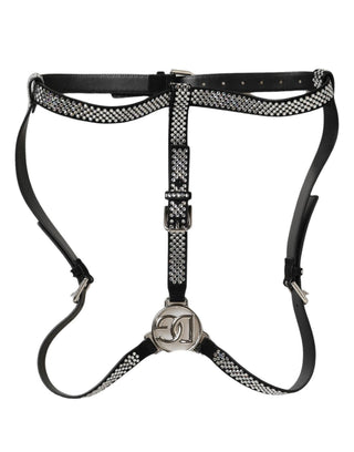 Black Leather Rhinestones Embellished Men Suspender