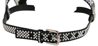 Black Leather Rhinestones Embellished Men Suspender