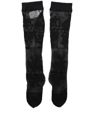 Black Floral Nylon Stretch Over The Calf Socks