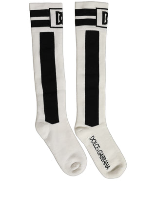 White Black Cotton Stretch Knee High Socks