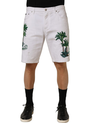 White Palm Embroidery Denim Bermuda Shorts