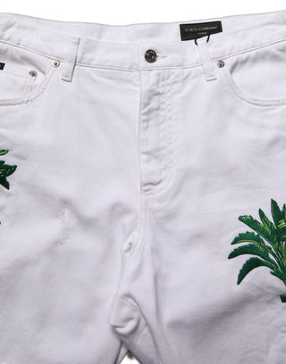 White Palm Embroidery Denim Bermuda Shorts