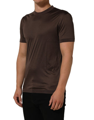 Brown Silk Crew Neck Short Sleeves T-shirt