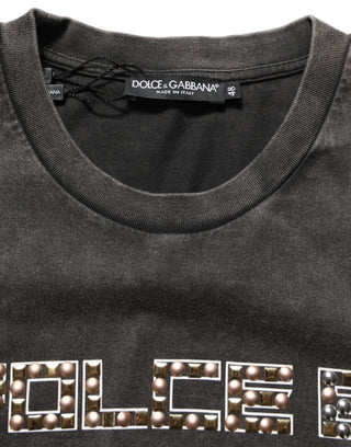 Gray Cotton Logo Stud Embellished T-shirt