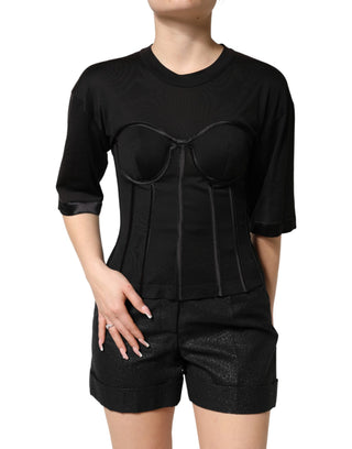 Black Cotton Short Sleeve Bustier T-shirt Top