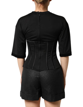 Black Cotton Short Sleeve Bustier T-shirt Top