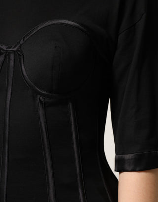 Black Cotton Short Sleeve Bustier T-shirt Top