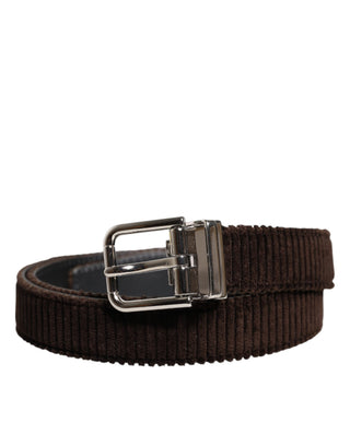 Men Brown Velvet Ridged Silver Buckle Belt