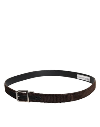 Men Brown Velvet Ridged Silver Buckle Belt