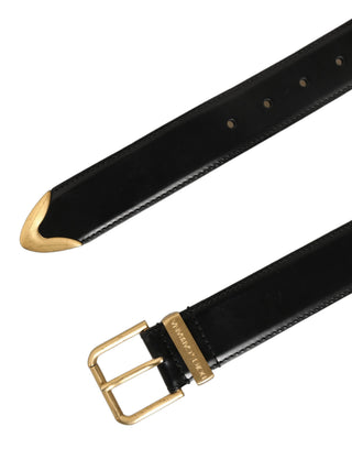 Black Leather Gold Logo Engraved Buckle Belt