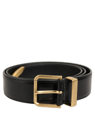 Black Leather Gold Logo Engraved Buckle Belt