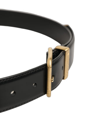 Black Leather Gold Logo Engraved Buckle Belt