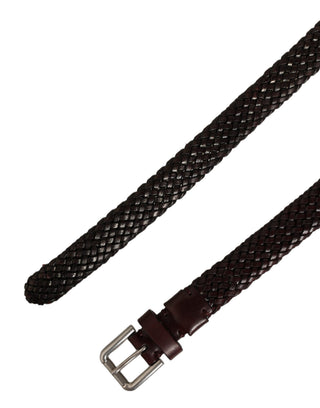 Dark Brown Woven Leather Metal Buckle Belt