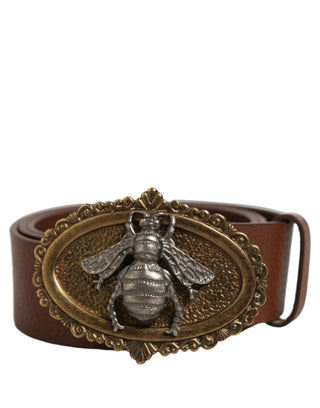 Brown Leather Bee Accent Metal Buckle Belt