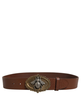 Brown Leather Bee Accent Metal Buckle Belt