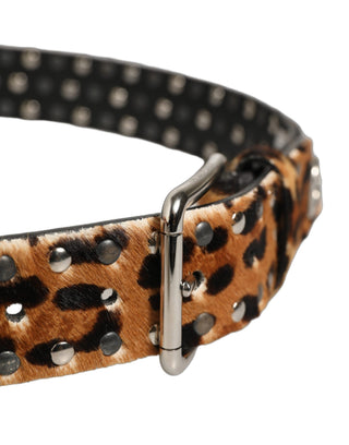 Brown Leopard Calf Hair Studs Metal Buckle Belt