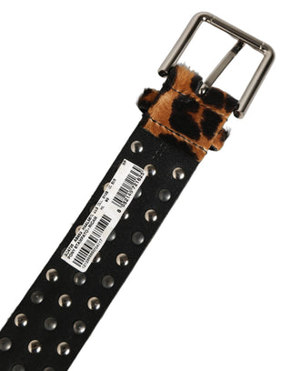 Brown Leopard Calf Hair Studs Metal Buckle Belt