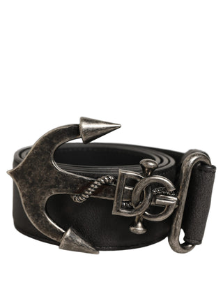 Black Leather Anchor Logo Metal Buckle Belt