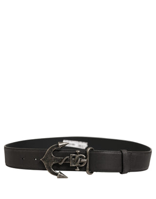 Black Leather Anchor Logo Metal Buckle Belt