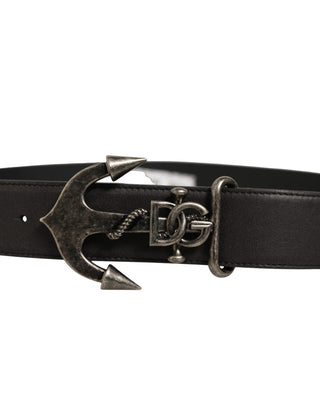 Black Leather Anchor Logo Metal Buckle Belt