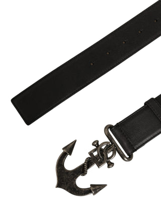 Black Leather Anchor Logo Metal Buckle Belt