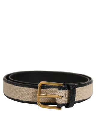 Beige Black Woven Leather Metal Buckle Belt
