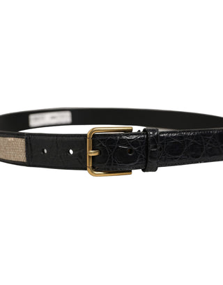 Beige Black Woven Leather Metal Buckle Belt