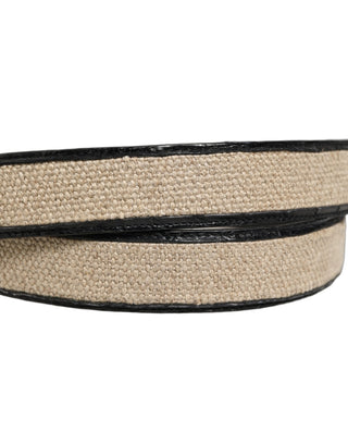 Beige Black Woven Leather Metal Buckle Belt