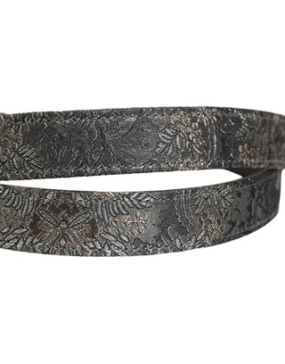 Silver Black Floral Jacquard Metal Buckle Belt