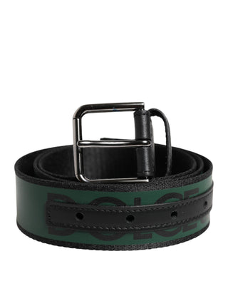 Black Green Logo Silver Tone Metal Buckle Belt