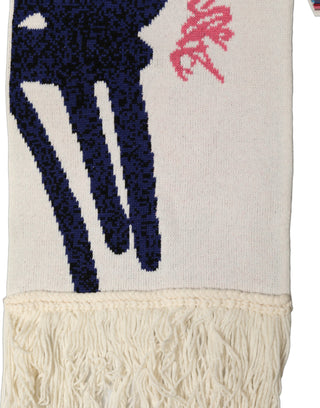 White Graphic Cashmere Fringed Shawl Scarf