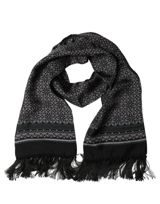 Black Silk Geometric Fringed Neck Shawl Scarf