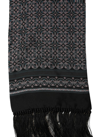 Black Silk Geometric Fringed Neck Shawl Scarf