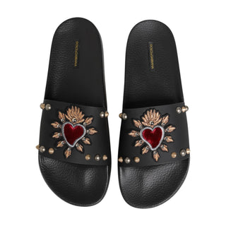 Black Heart Patch Rubber Calfskin Slippers Shoes