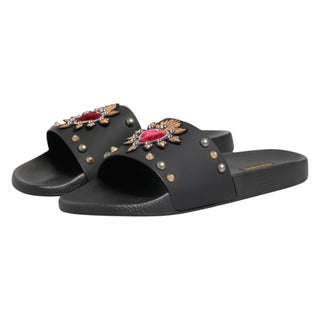 Black Heart Patch Rubber Calfskin Slippers Shoes