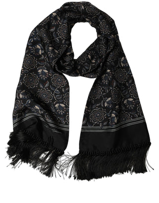 Black Silk Floral Paisley Fringed Shawl Scarf