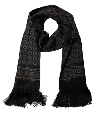 Black Silk Geometric Fringed Neck Shawl Scarf