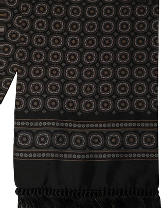 Black Silk Geometric Fringed Neck Shawl Scarf