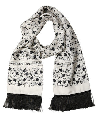 White Floral Silk Fringed Neck Shawl Scarf