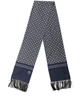 Men Navy Blue Geometric Dot Silk Fringed Neck Shawl Scarf