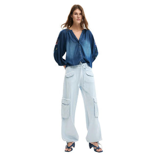 Blue Cotton Casual Pants