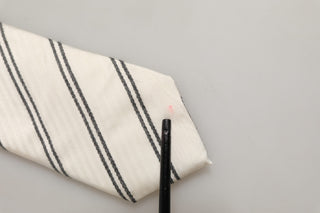 Men Off White Silk Stripes Adjustable Tied Necktie Tie