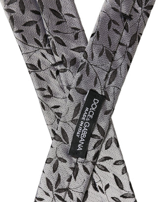 Men Gray Silk Leaf Pattern Adjustable Tied Necktie Tie