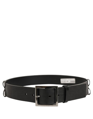 Black Leather Silver Tone Square Buckle Belt