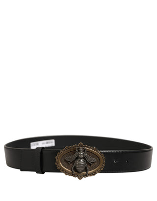 Black Leather Bee Accent Metal Buckle Belt