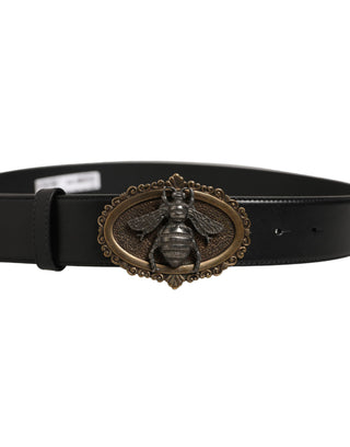 Black Leather Bee Accent Metal Buckle Belt