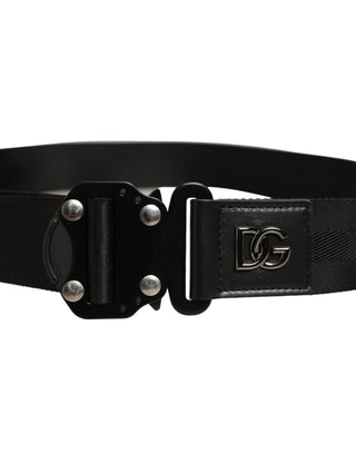 Men Black Fabric Strap Logo Metal Buckle Belt