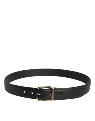 Black Grained Leather Gold Metal Buckle Belt