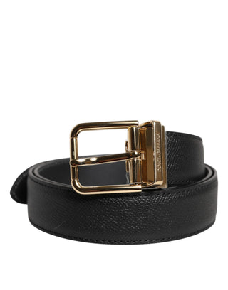 Black Grained Leather Gold Metal Buckle Belt